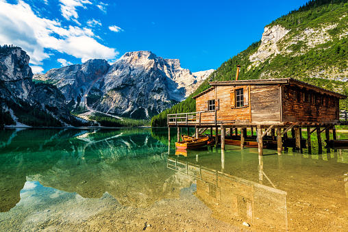 Boathouse at the Lago di Braies (Pragsersee) in Dolomiti Mountains - Italy, Europe
