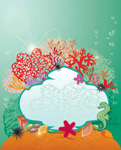 Vector illustration of Frame and Coral Reef and Marine life, Underwater background.