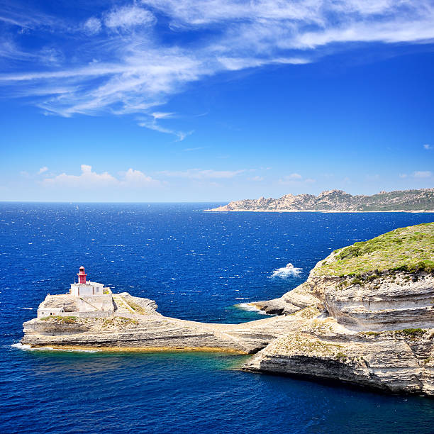 Lighthouse on cliffs above the Mediterranean sea near old town Bonifacio, Corsica, France. Composite photo