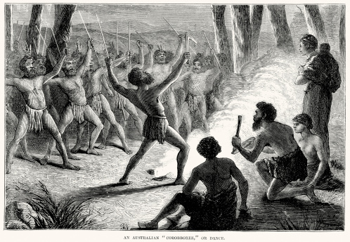 A corroboree or dance of Australian Aboriginal people, 1873. A corroboree is an event where Aboriginal people interact with the Dreamtime through dance, music and costume.