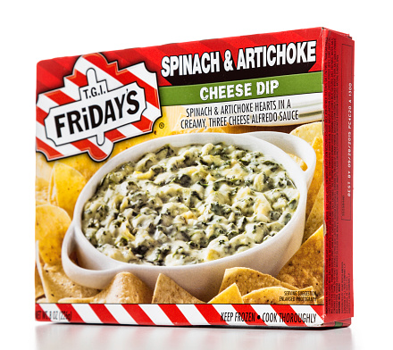 Miami, USA - June 8, 2014: TGI Fridays spinach & Artichoke cheese dip box