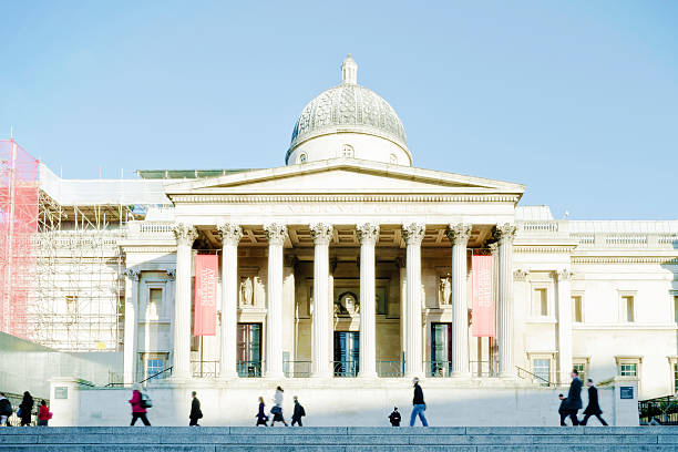 The National Gallery in Trafalgar Square London England UK which is a popular travel destination tourist art attraction landmark of the city centre, stock photo image