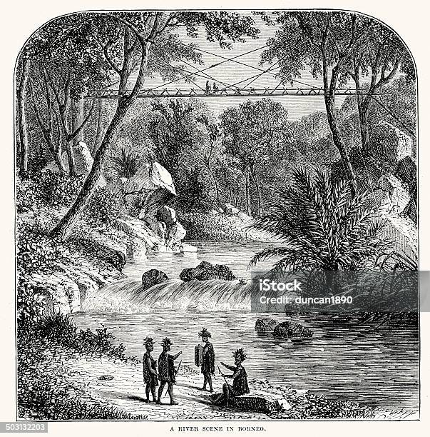 River Szene In Borneo Stock Vektor Art und mehr Bilder von 19. Jahrhundert - 19. Jahrhundert, Alt, Altertümlich