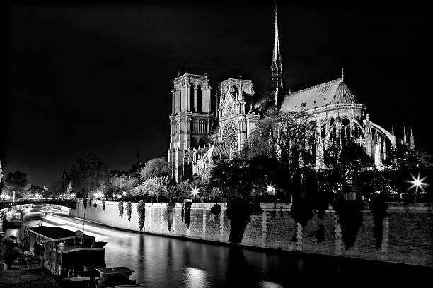 ブラックとホワイトのノートルダム大聖堂、夜のパリ,フランス - paris france notre dame night ile de la cite ストックフォトと画像