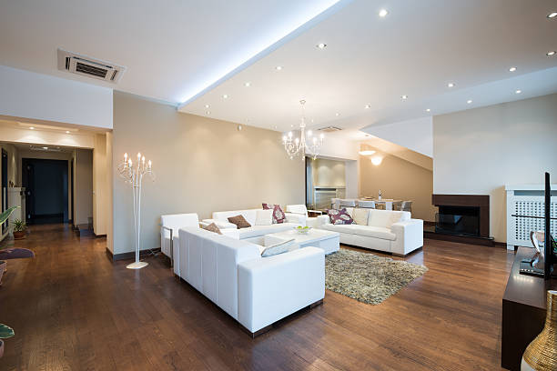 istock Interior of a modern spacious living room with fireplace 503132666