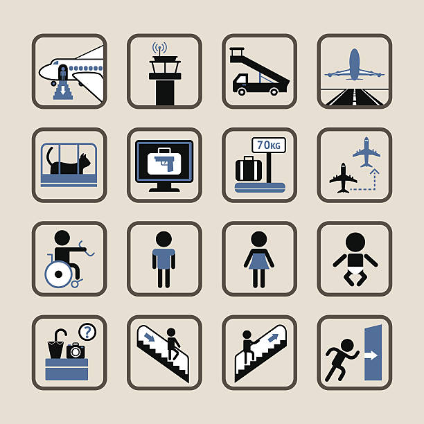 Airport icons set. Set of vector icons of airport and custom house. baby gun stock illustrations