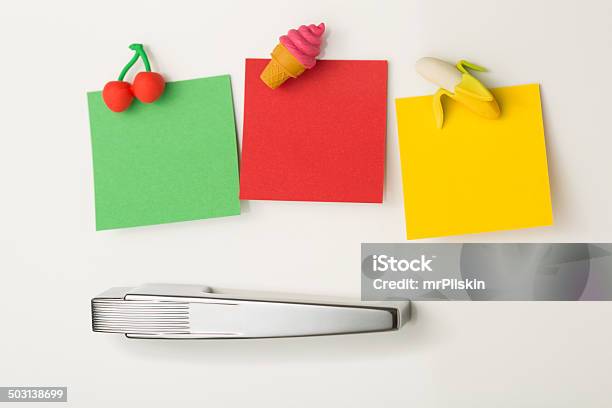 Three Blank Postit Notes Attached To Refrigerator With Fridge Magnets Stock Photo - Download Image Now