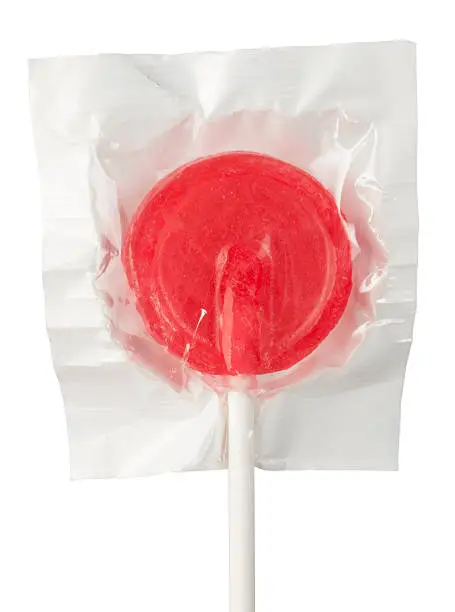 Red lollipop with plastic wrap