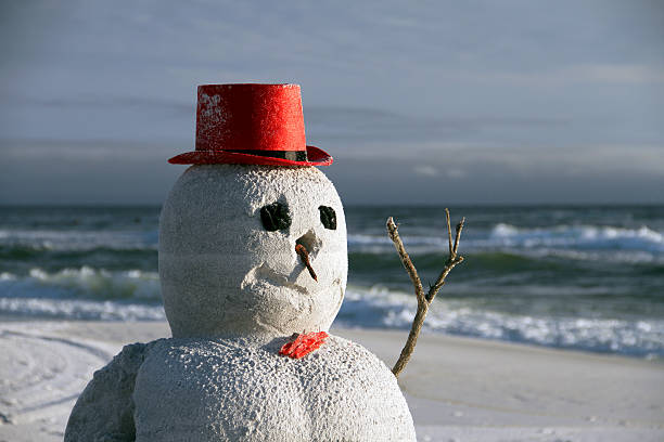 istock Snow Christmas snowman in santa hat at sandy beach 503139062