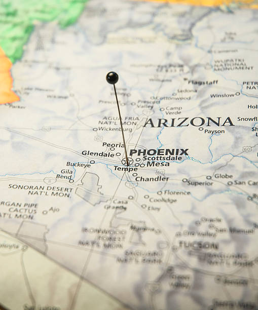 makro-karte von phoenix, arizona, mit karte pin - sonora state stock-fotos und bilder