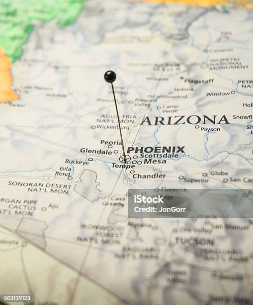 Detalle Mapa De Viajes De Phoenix Arizona Con Mapa De Pin Foto de stock y más banco de imágenes de Arizona