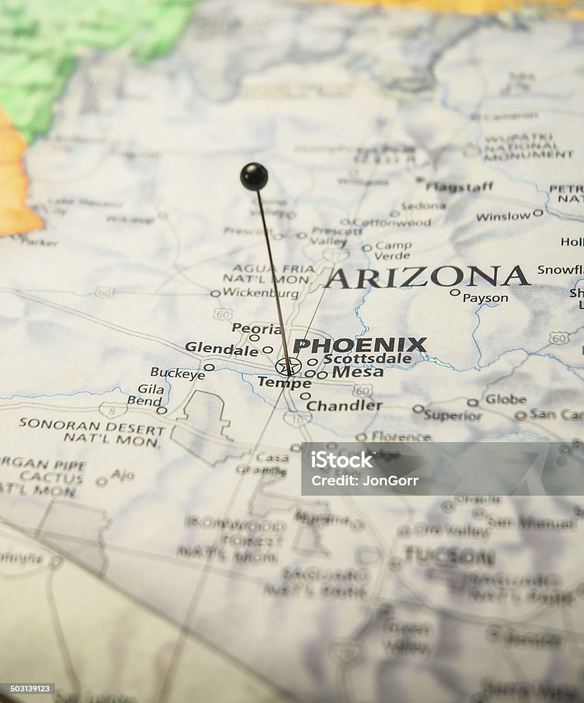 Macro de mapa de Phoenix, Arizona com pinos do mapa - Foto de stock de Arizona royalty-free