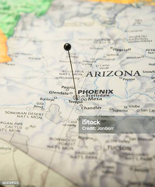 Foto de Macro De Mapa De Phoenix Arizona Com Pinos Do Mapa e mais fotos de stock de Arizona