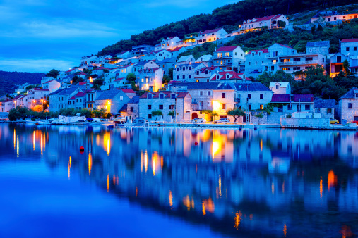 Pucisca town, island Brac, Dalmatia, Croatia at dusk.