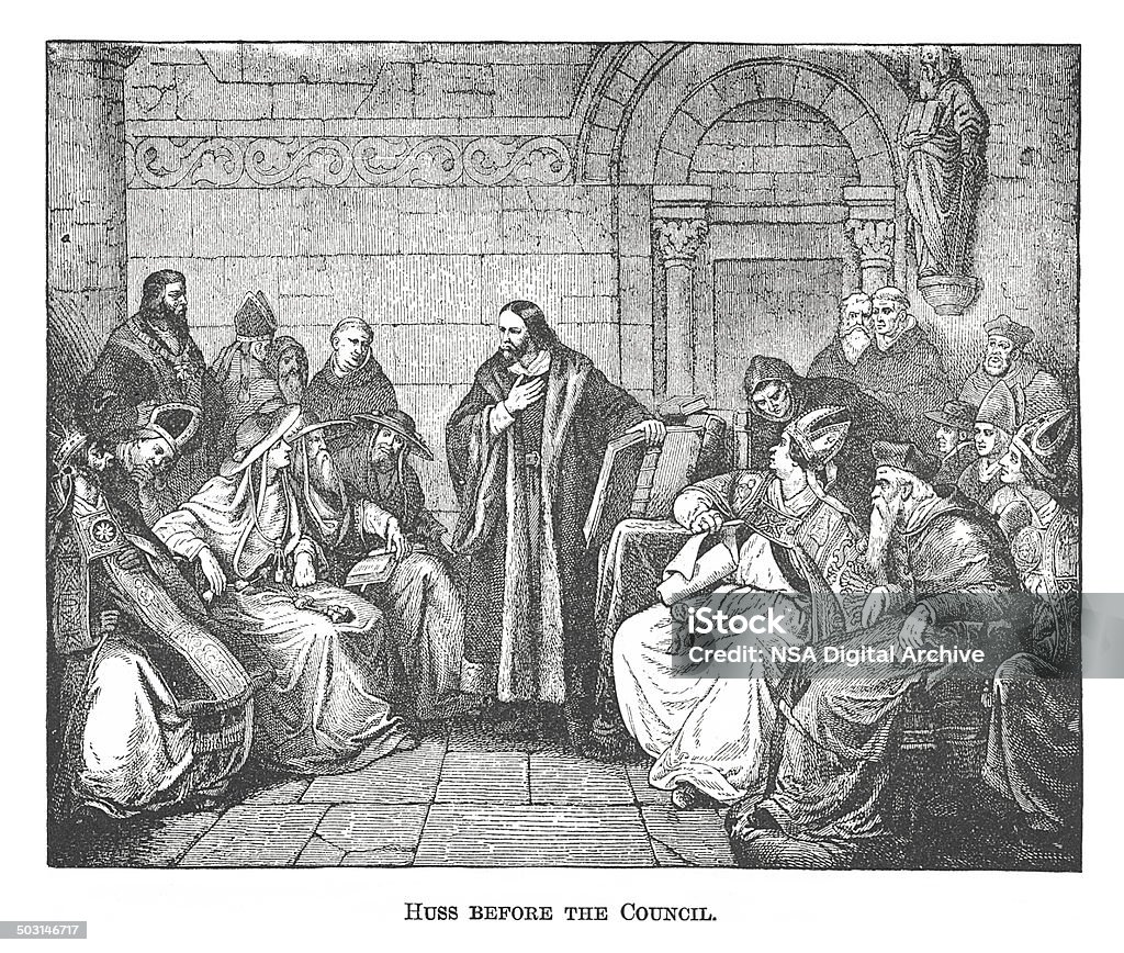Huss antes de o Conselho (Antiguidade Gravação) - Royalty-free Bispo - Clero Ilustração de stock