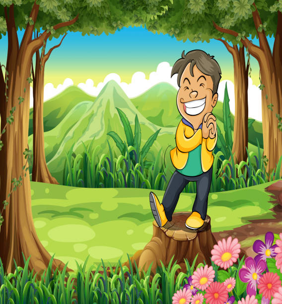 glücklicher junger mann stehend über den-tor im wald - grass branch wealth forest stock-grafiken, -clipart, -cartoons und -symbole