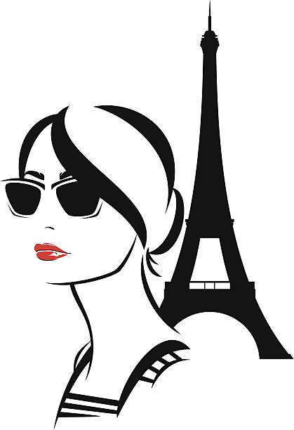 french style beautiful trendy woman wearing sunglasses with an eiffel tower behind - fashion girl travel in Paris vector paris red lips stock illustrations