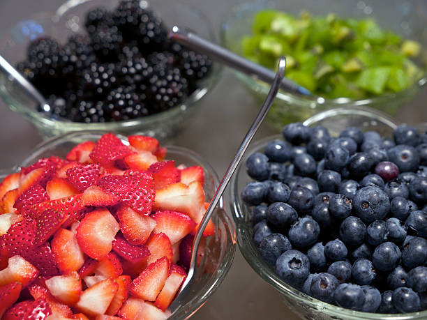 Bowls Fresh Fruit Blueberries Sliced Strawberries Blackberries Kiwi