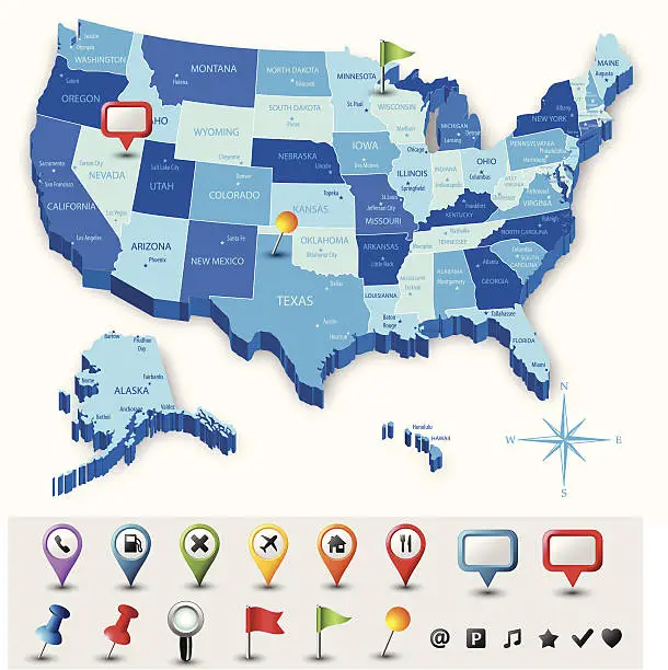 Vector illustration of USA Map With Pins - Highly Detailed