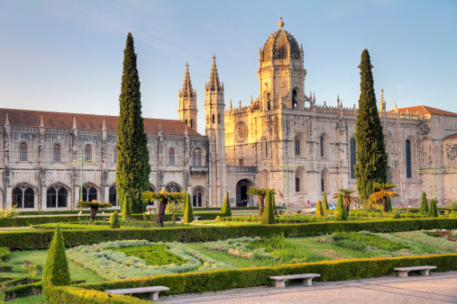 Beautiful image of the Hieronymites Monastery (Jeronimos), a UNESCO world heritage site, at sunset in Lisbon, Portugal. HDR