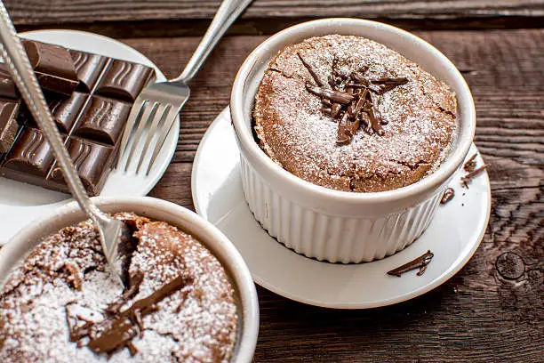 French traditional chocolate souffle in white plate