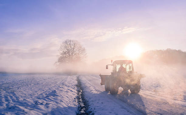 霧の中でトラクターシルエットにユキコフィールド - frost work ストックフォトと画像