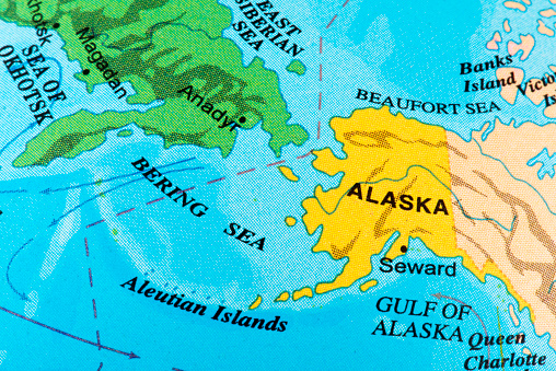 Detail of a desktop globe of the earth showing Alaska.