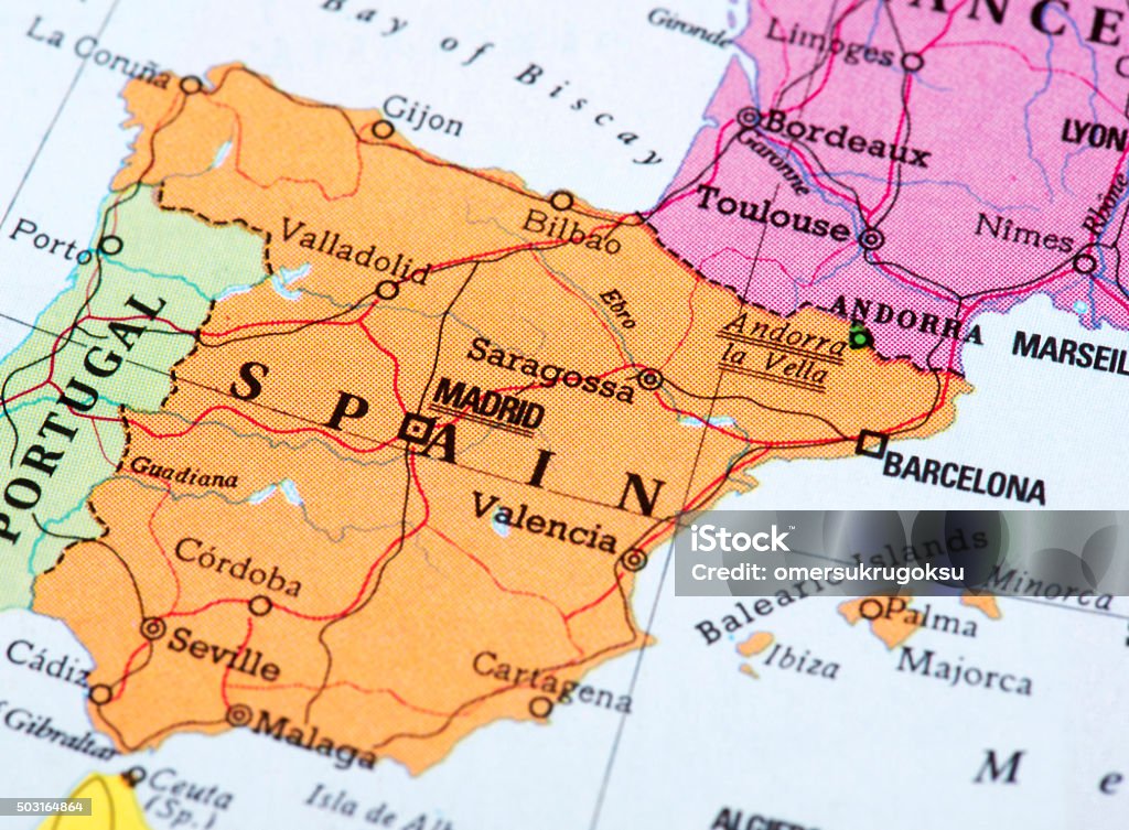 Map of Spain Map of Spain. Detail from the World Atlas (Webster's Concise.) Spain Stock Photo