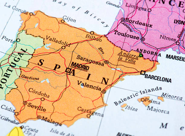 Map of Spain Map of Spain. Detail from the World Atlas (Webster's Concise.) andorra map stock pictures, royalty-free photos & images