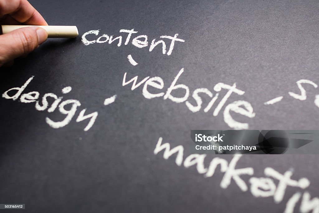 Website content Hand pointing at Content word of Website Creation concept on chalkboard Origins Stock Photo