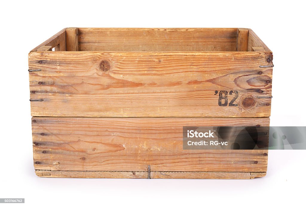 Wooden crate. Contains clipping path. Old wooden box isolated on white background showing signs of extensive use like stains and scratches. These crate's where used for potato storage.  Crate Stock Photo