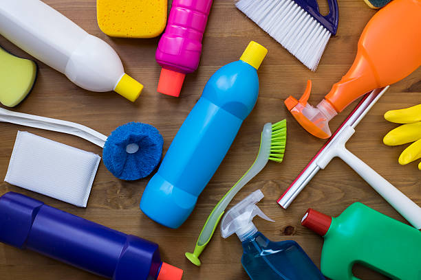 istock House cleaning product on wood table 503169464