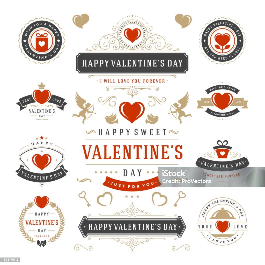 Valentine's Day Labels and Cards Set, Heart Icons Symbols Valentine's Day Labels and Cards Set, Heart Icons Symbols, Greetings Cards, Silhouettes, Retro Typography Vector Design Elements. Valentines day cards, Valentines Badges, Valentines Day Vector Labels. Computer Graphic stock vector