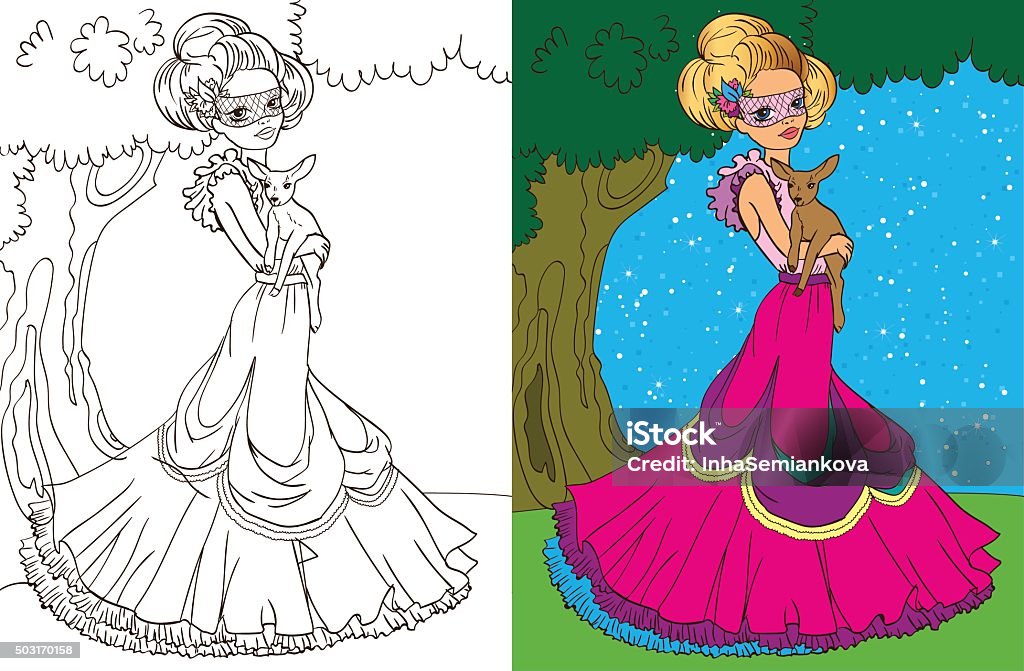 Colouring Book Of Princess In Forest Colouring book vector illustration of beautiful princess with a deer in the forest Coloring stock vector