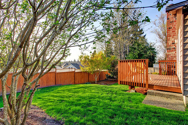 istock Cozy small backyard with wooden walkout deck 503173289