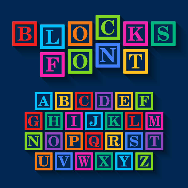 ilustrações, clipart, desenhos animados e ícones de aprendizagem quarteirões fonte de design - block toy education alphabet