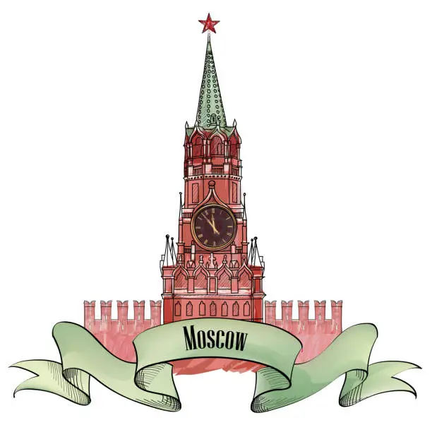 Vector illustration of Moscow label. Spasskaya tower isolated