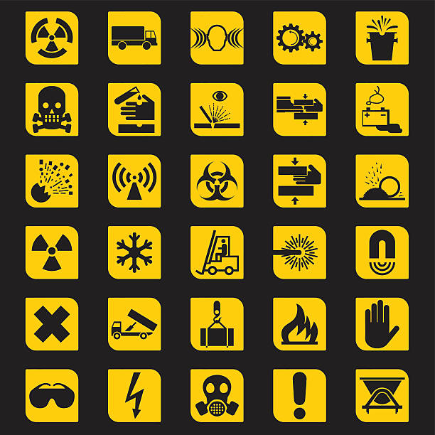 bildbanksillustrationer, clip art samt tecknat material och ikoner med workplace warning signs silhouette icons | eps10 - surt regn