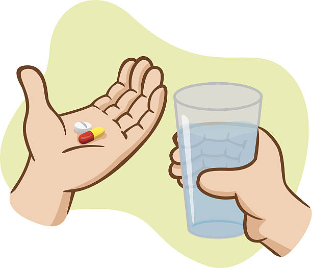 ilustraciones, imágenes clip art, dibujos animados e iconos de stock de ayuda de la primera toma un medicamento con agua - medicate