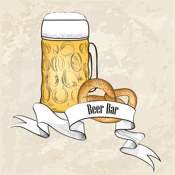 Beer bar banner over old paper background. Beer symbol. Full Beer Mug with pretzel. Beer bar old-fashioned banner kvass stock illustrations