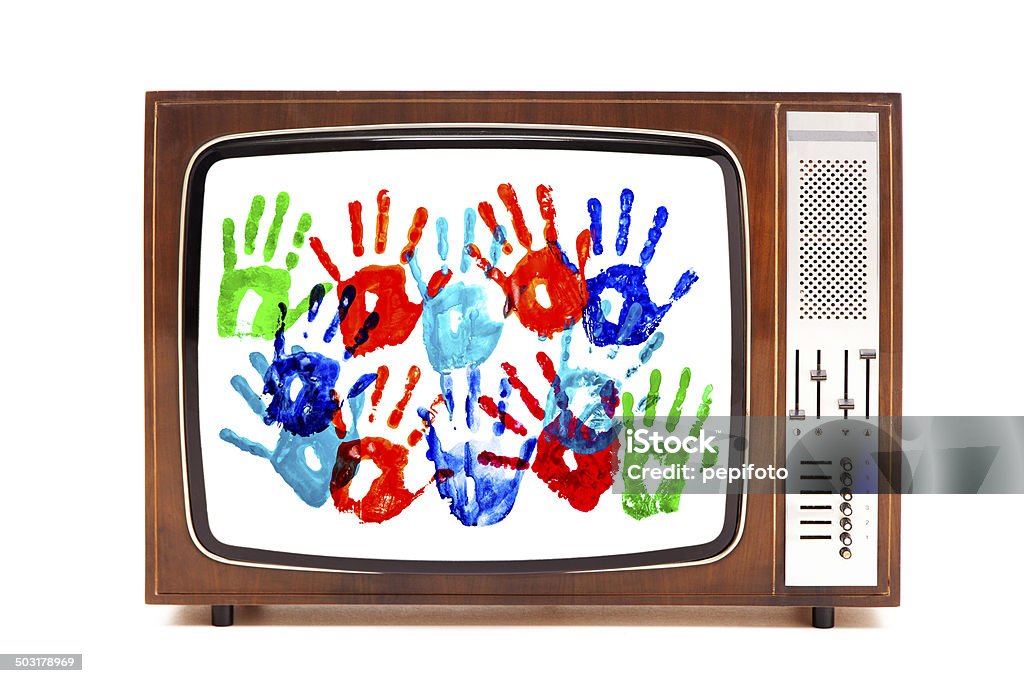 Vintage TV mit mehrfarbig handprints - Lizenzfrei Alt Stock-Foto