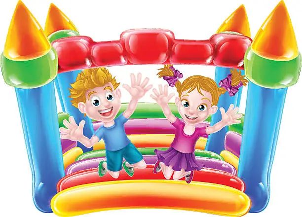 Vector illustration of Kids Jumping on Bouncy Castle