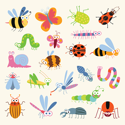 Set funny insects. Cartoon character. Isolated on white background. Wasp, bee, bumblebee, butterfly, worm, caterpillar, beetle, ladybug, grasshopper, fly, mosquito, dragonfly, spider, snail, ant