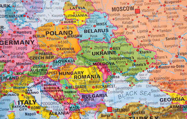 Nations:  Map of Ukraine, Russia and other Eastern European countries. Map of the Eastern European countries: Ukraine, Russia, Romania, Moldova, Poland, Belarus, Hungary, Slovakia, Latvia, Germany, Czech Republic, Lithuania, Austria, Bulgaria, Serbia, and others. eastern europe stock pictures, royalty-free photos & images