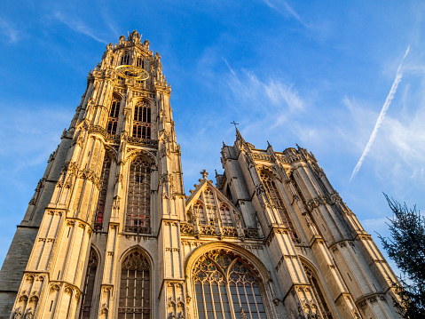the main Facade of Cathedral of Our Lady in the city centre of Antwerp, Flanders, Belgium