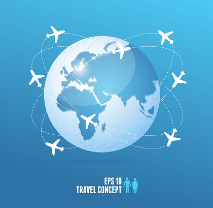 Airplanes flying around the globe. Vector travel concept