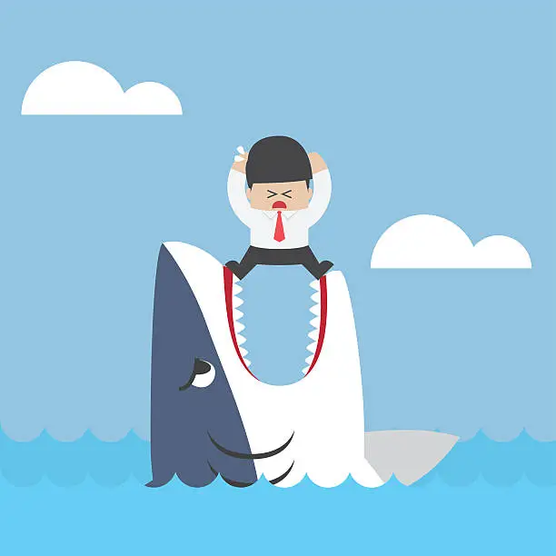 Vector illustration of Businessman standing on Jaws of shark