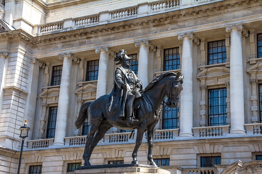 London, UK - June 4, 2015:  Prince George, Duke of Cambridge-statue on Whitehall, opposite the Old War Office
