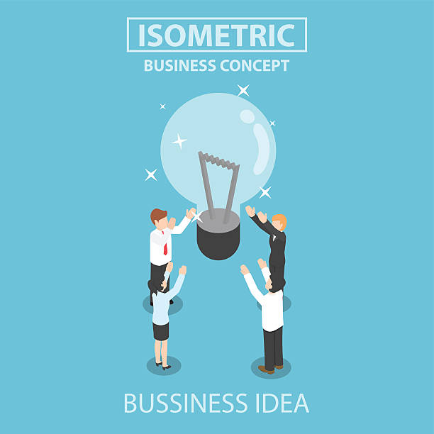 Isometric businessman and businesswoman getting good idea Businessman and businesswoman getting good idea, Flat 3d web isometric design, VECTOR, EPS10 man with a light bulb over his head stock illustrations