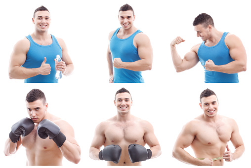 Muscular man. Collage of professional young nice looking sportsman is smiling and posing gladly. 